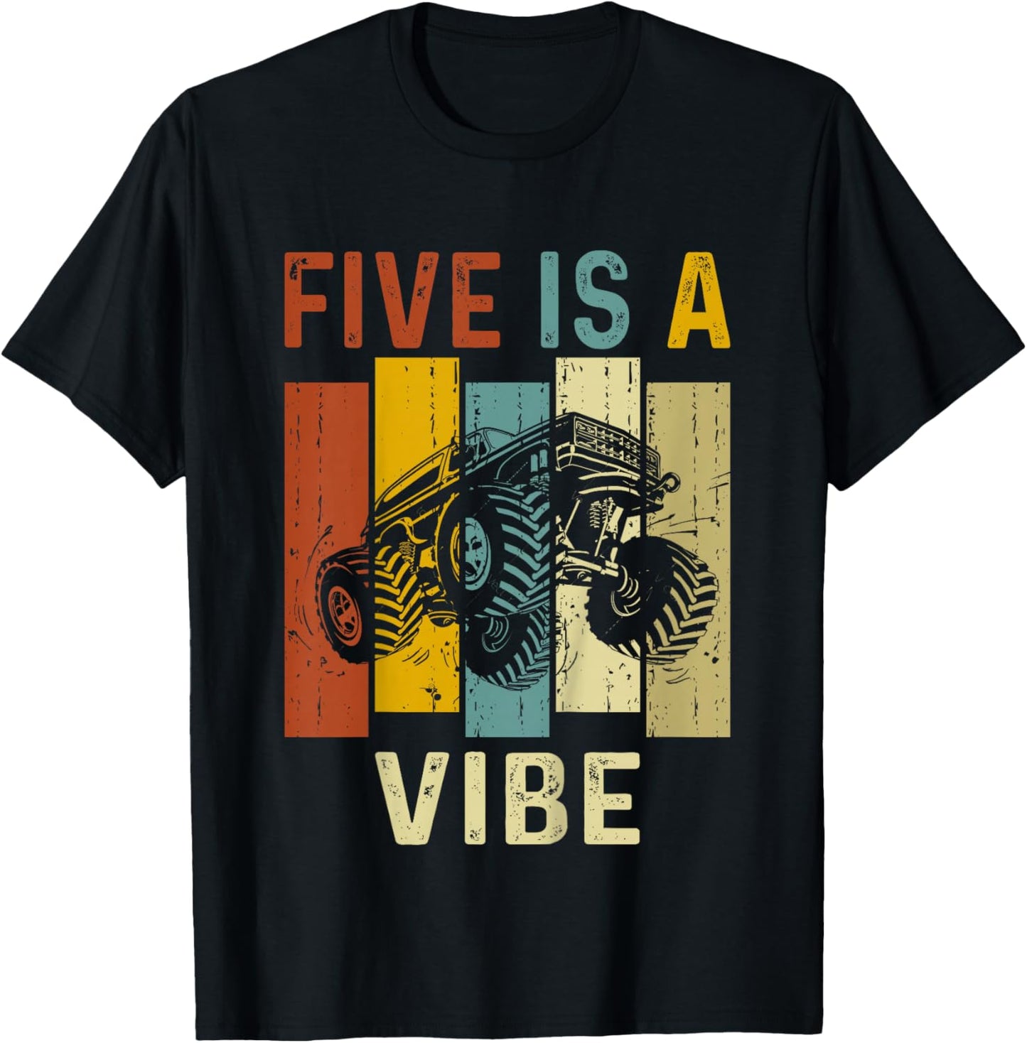 Five Is A Vibe Cute 5th Birthday design Monster 5Years Truck T-Shirt - T-Shirt | Black