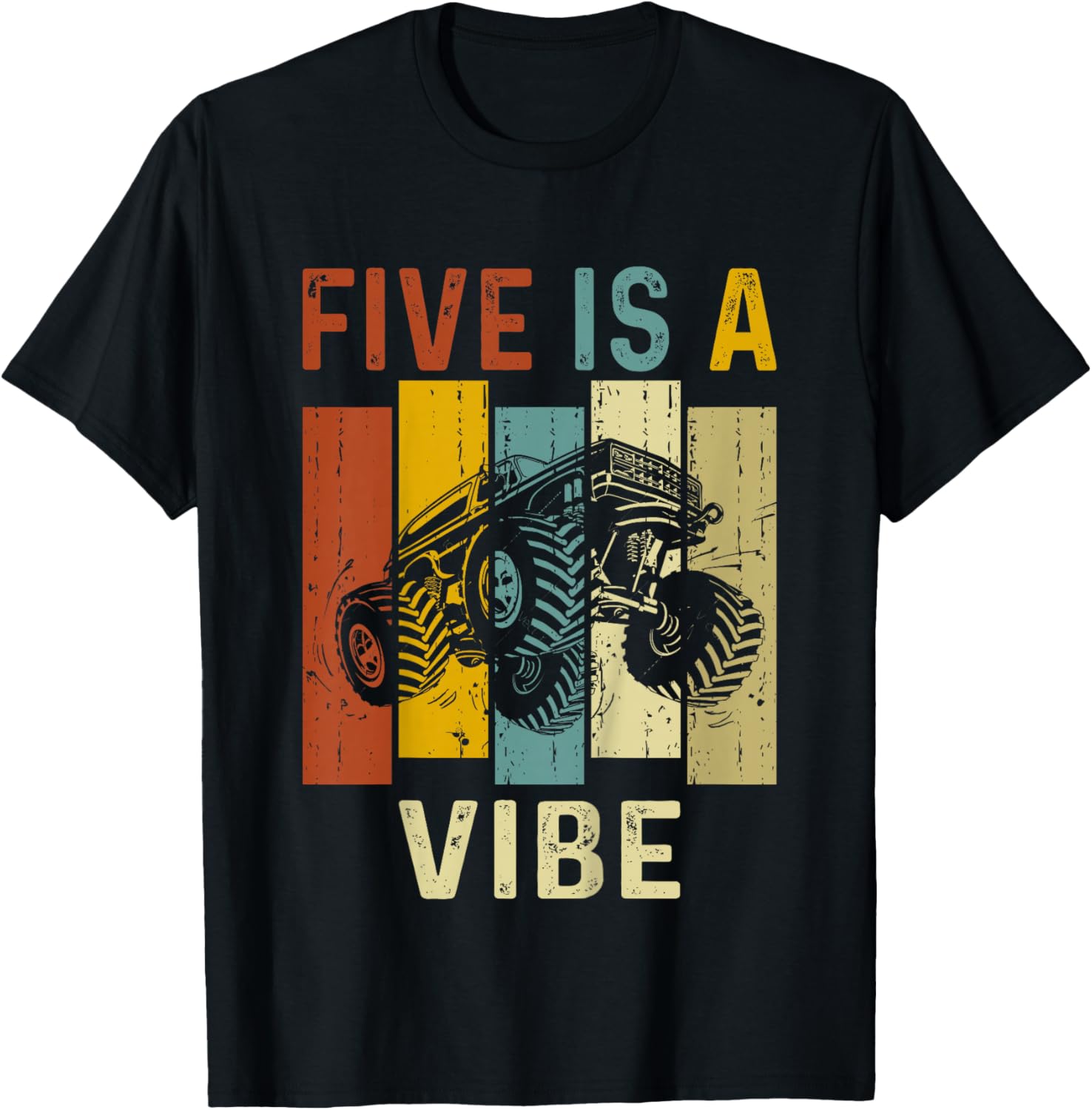 Five Is A Vibe Cute 5th Birthday design Monster 5Years Truck T-Shirt - T-Shirt | Black