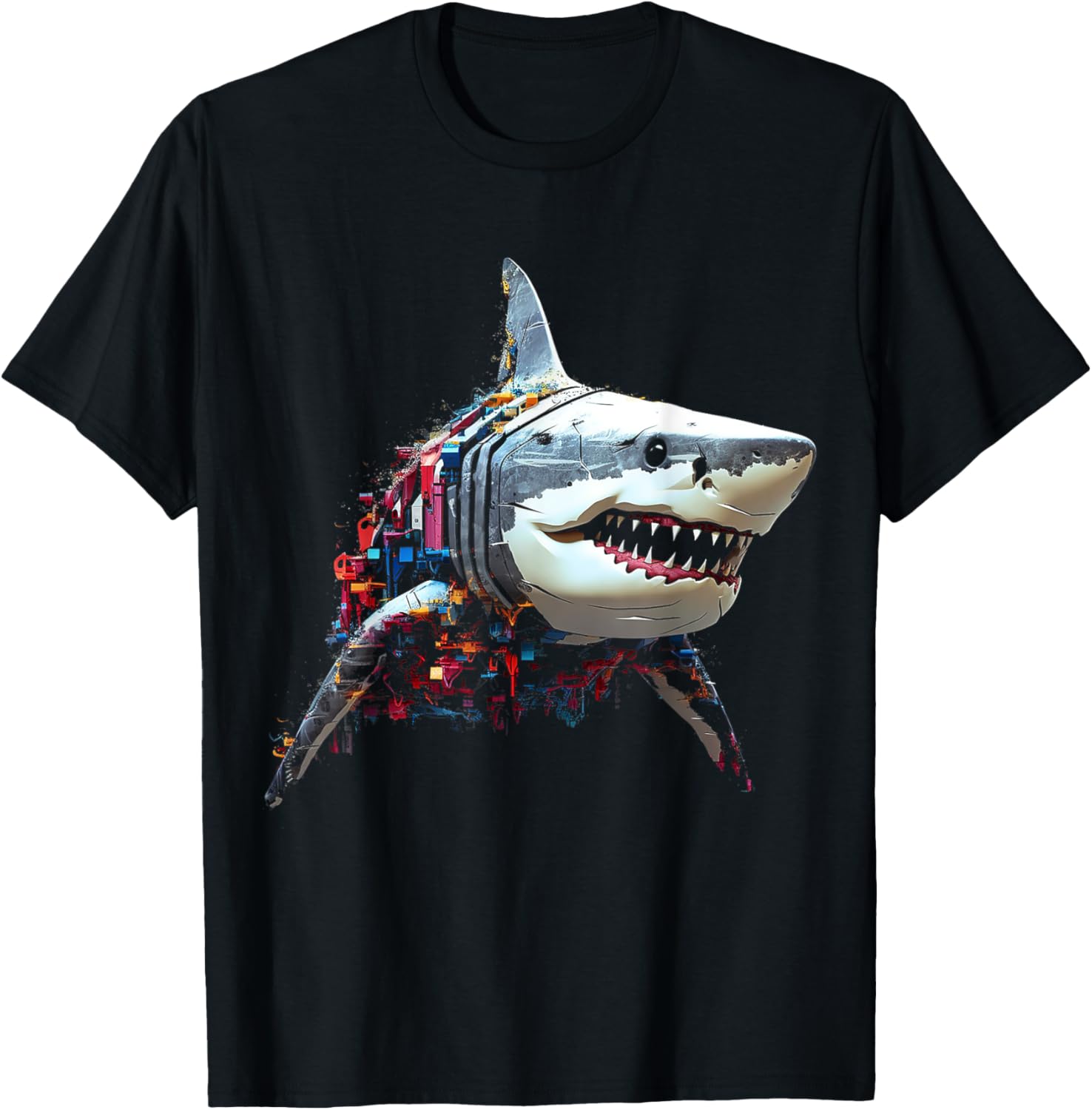 Shark Colorful Art Abstract Animal Polygon Graphic Shark T-Shirt - T-Shirt | Black