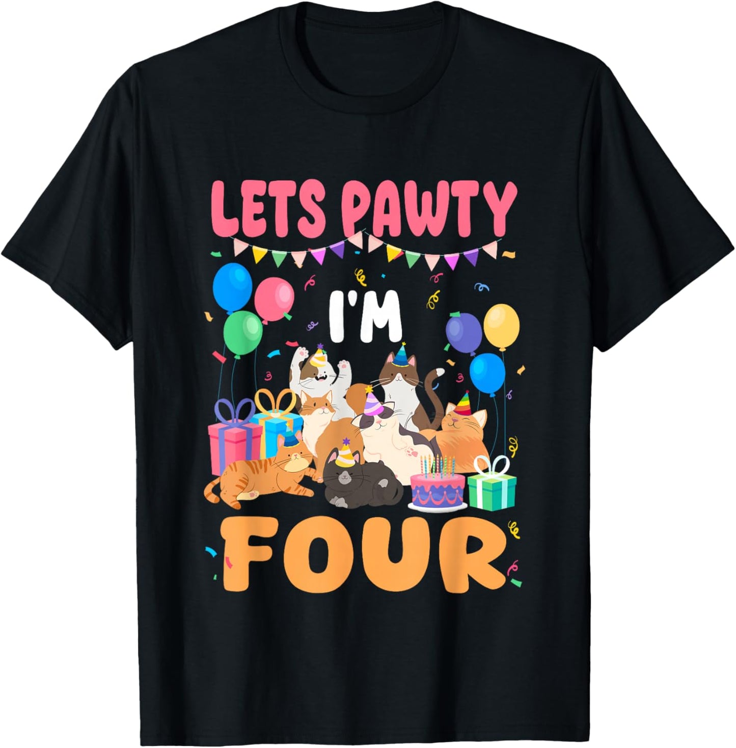 Lets Pawty I'm Four 4th Birthday Cats Themed Party T-Shirt - T-Shirt | Black