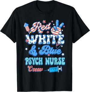 Groovy Red White Blue Psych Nurse Crew 4th Of July T-Shirt - T-Shirt | Black