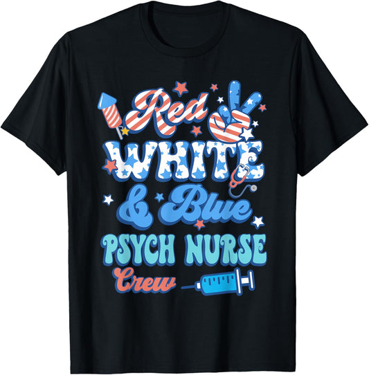 Groovy Red White Blue Psych Nurse Crew 4th Of July T-Shirt - T-Shirt | Black