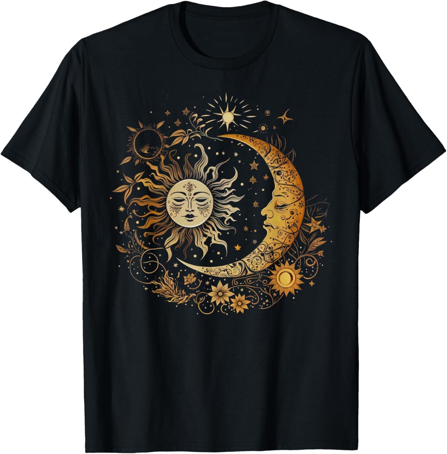 Vintage Celestial Sun Moon Flower Astrology Moon Phases T-Shirt - T-Shirt | Black