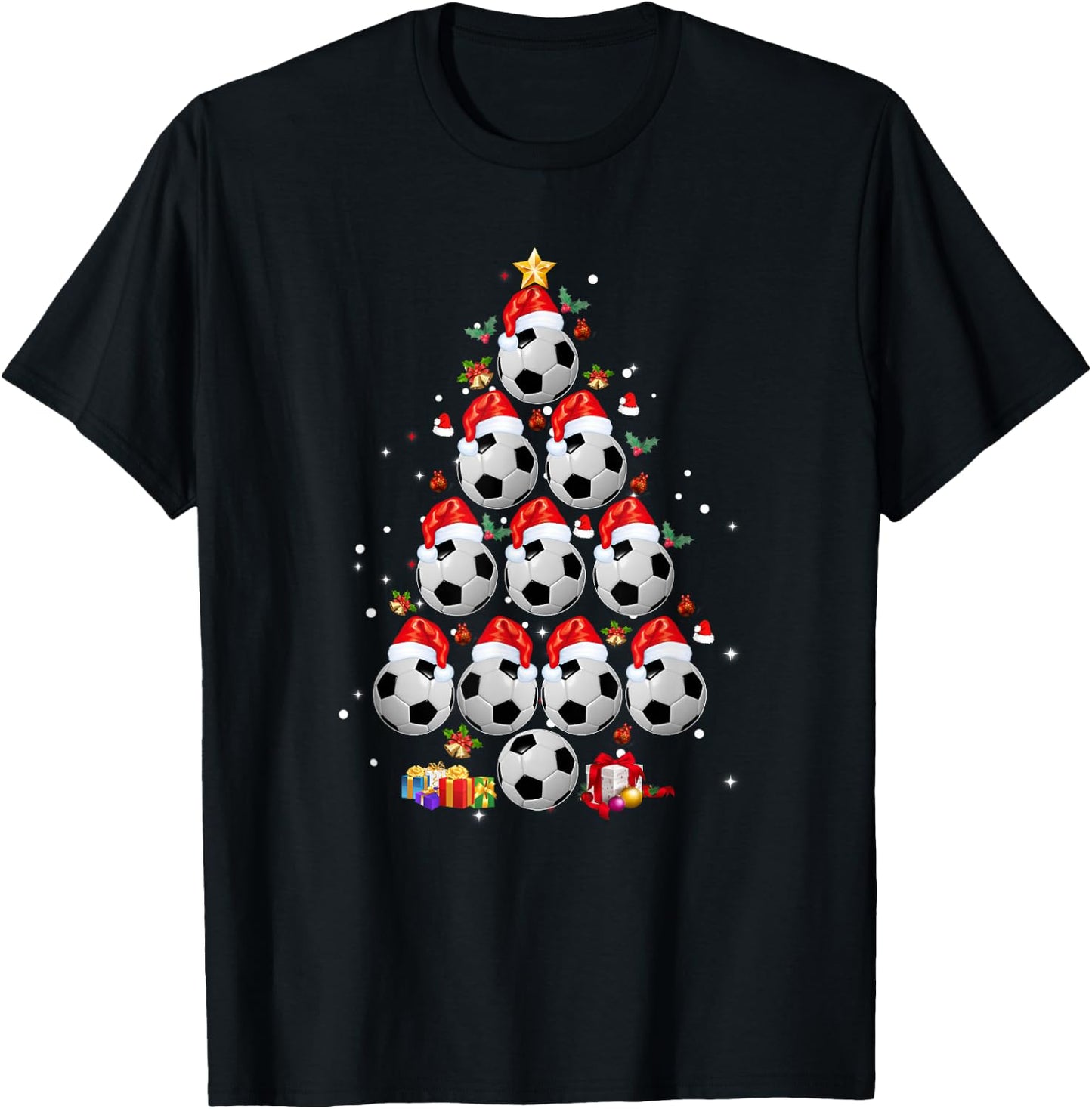 Soccer Balls Christmas Tree Shirt Lights Xmas T-Shirt - T-Shirt | Black