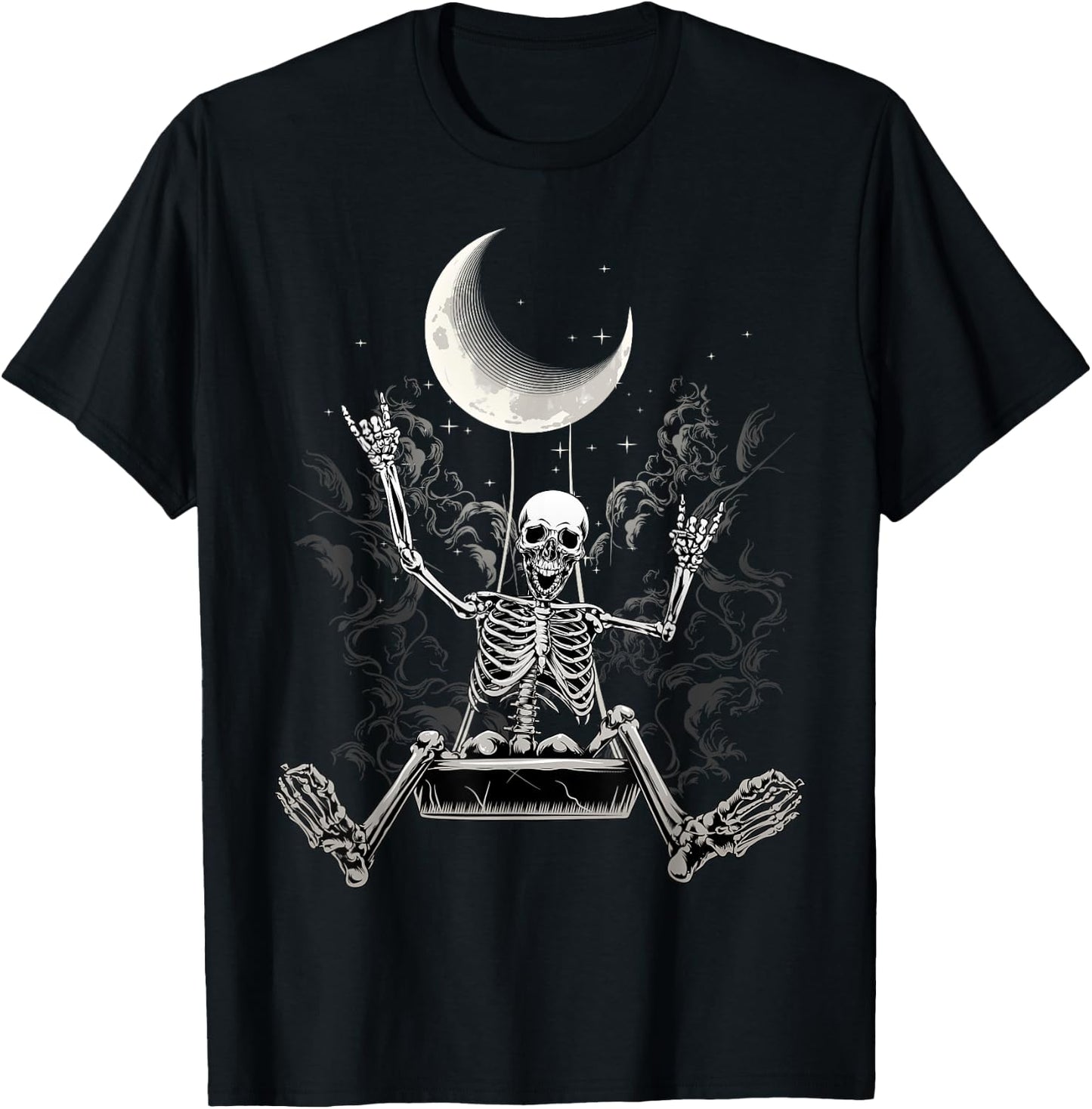 Moon Skeleton Rock On Hand Spooky Halloween Rock Concerts T-Shirt - T-Shirt | Black
