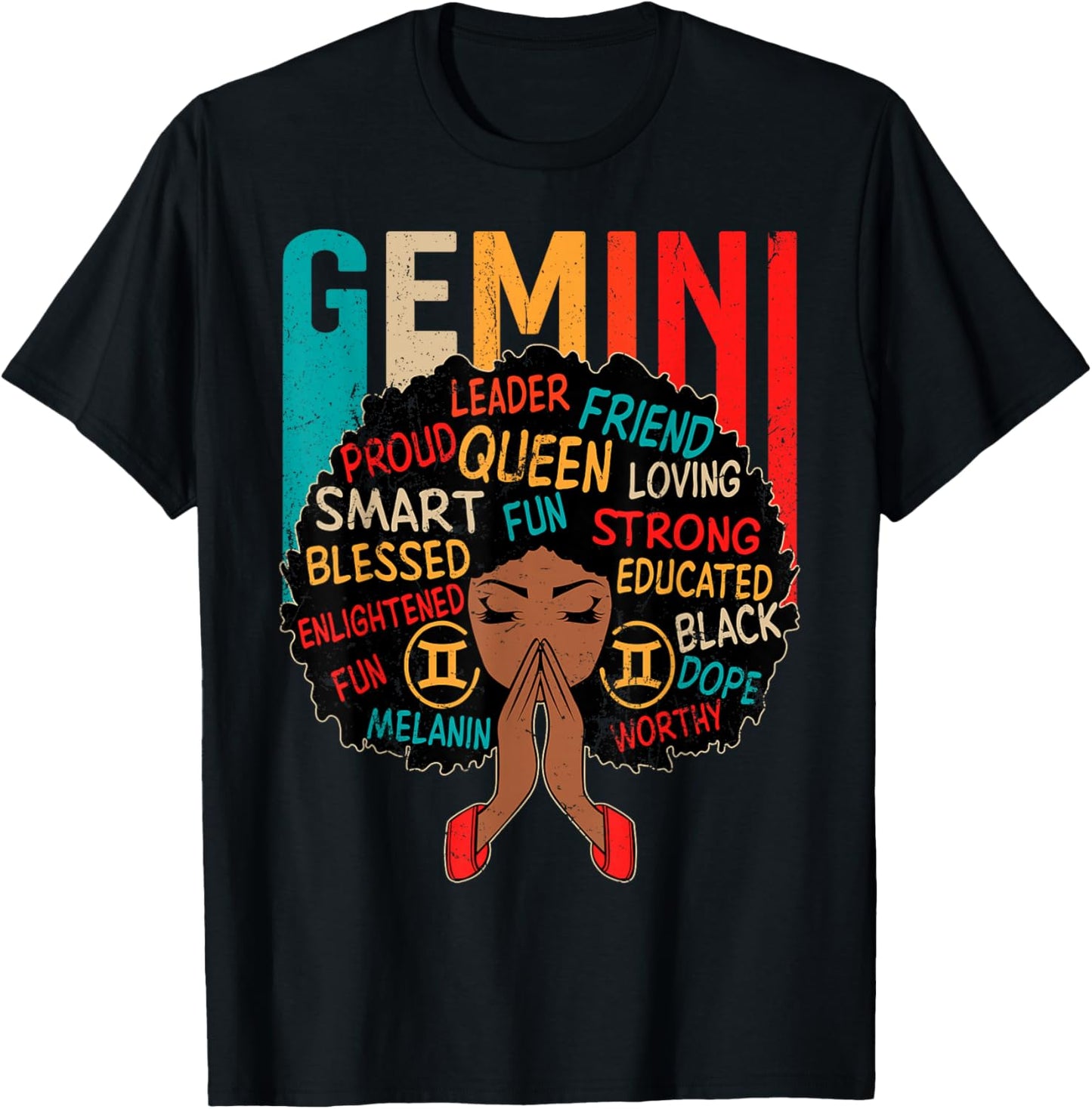 Gemini Queen Retro Afro Black Women Zodiac Sign T-Shirt - T-Shirt | Black