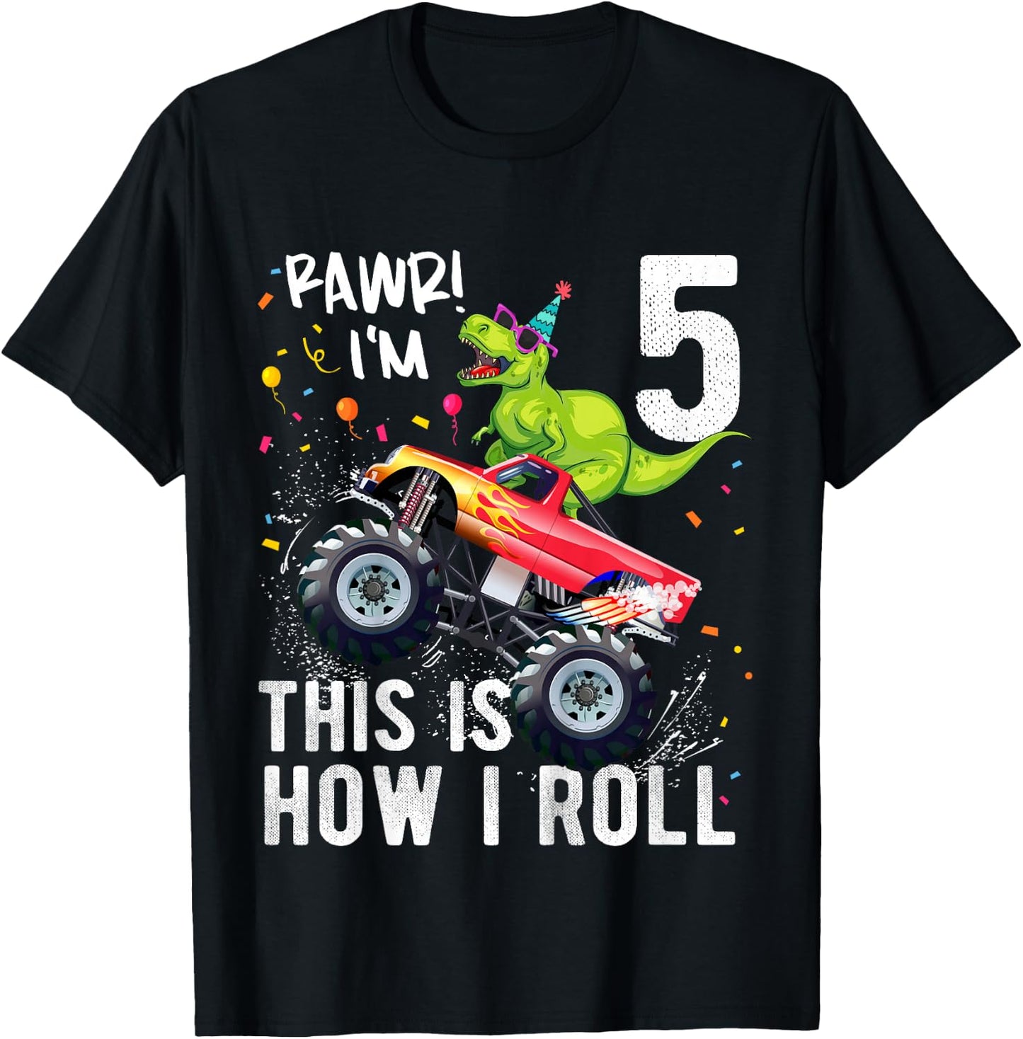 Kids T Rex Dinosaur Monster Truck 5th Birthday Boys and Girls T-Shirt - T-Shirt | Black
