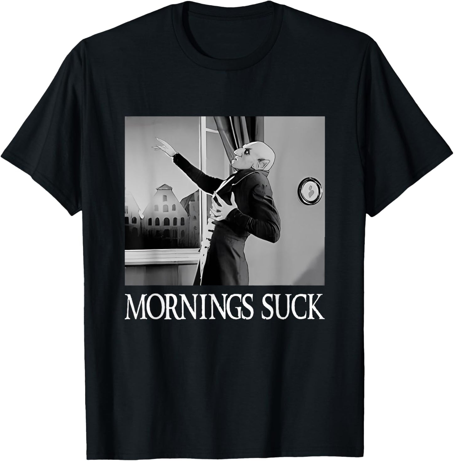 Mornings Suck Funny Halloween Vampire Pun Graphic T-Shirt - T-Shirt | Black