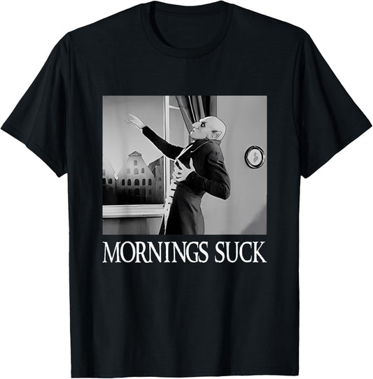 Mornings Suck Funny Halloween Vampire Pun Graphic T-Shirt - T-Shirt | Black