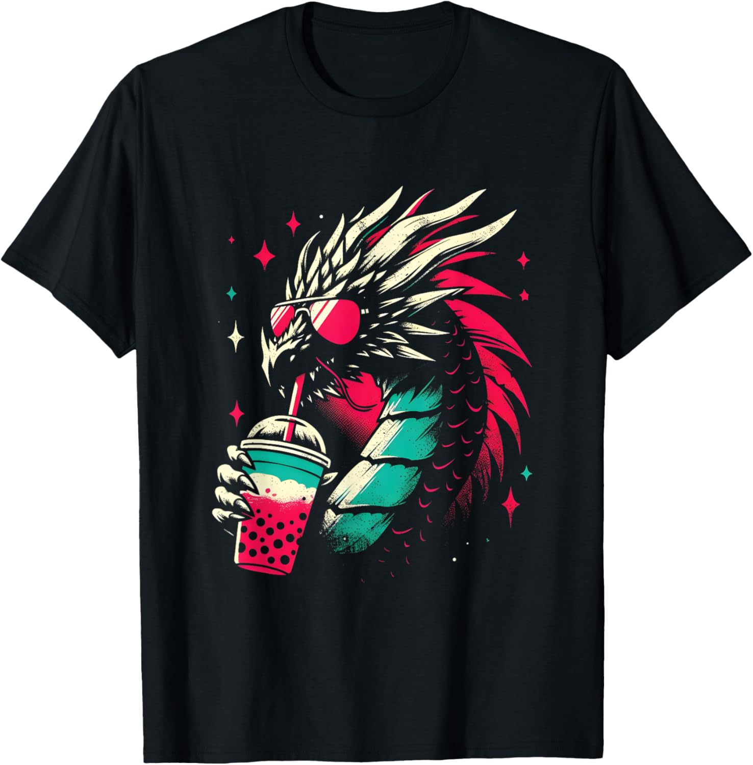 Dragon Drinking Boba Tea - Retro Dragon With Bubble Tea T-Shirt - T-Shirt | Black