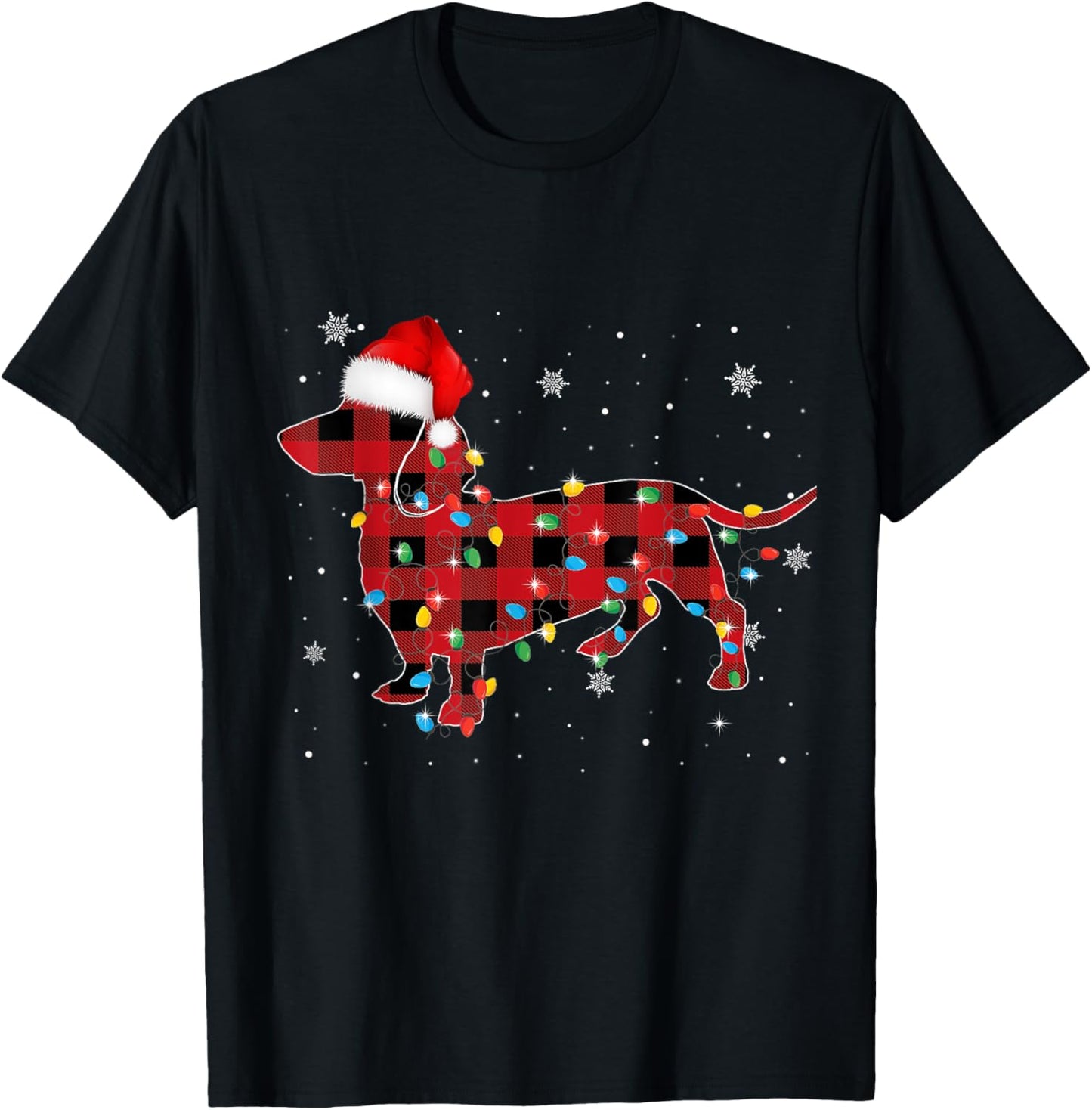 Red Plaid Santa Hat Dachshund Christmas Dog Lover Pajamas T-Shirt - T-Shirt | Black