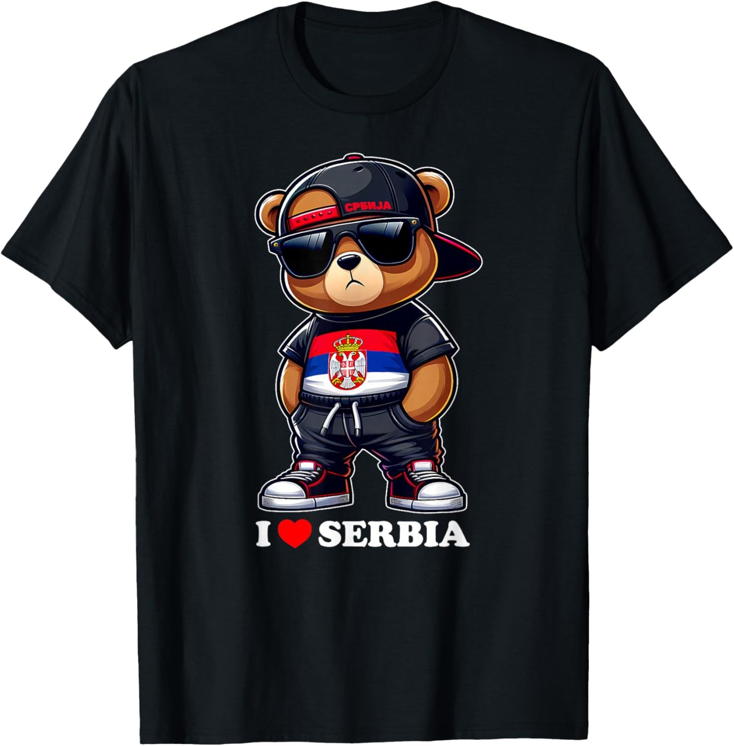 I LOVE SERBIA Flag Serbian Teddy Bear Yugoslavia Gift Srbija T-Shirt - T-Shirt | Black