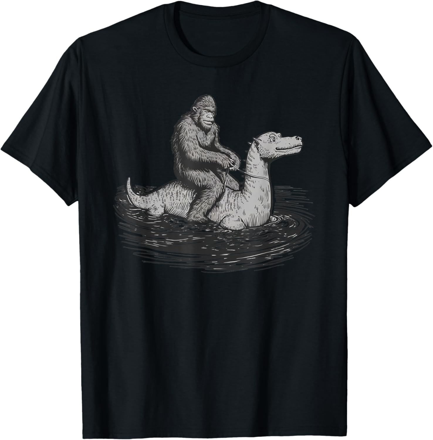 Bigfoot Sasquatch Riding The Loch Ness Monster Funny BigFoot T-Shirt - T-Shirt | Black