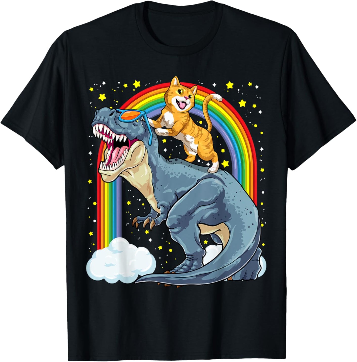 Cat Riding Dinosaur T-Rex Kitten Rainbow Dino Funny T-Shirt - T-Shirt | Black