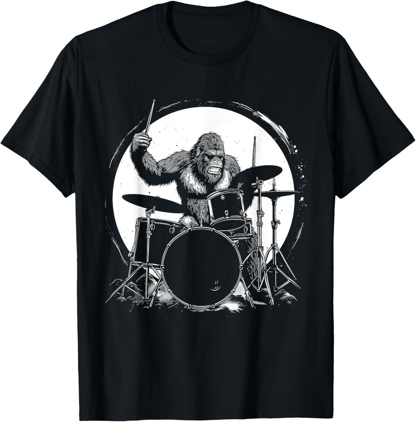 Drummer Bigfoot Playing Drums Funny Sasquatch Drumming T-Shirt - T-Shirt | Black