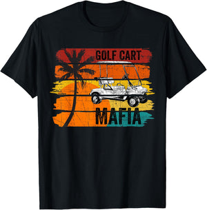 Vintage Retro Golf Cart Mafia with Sunset and Palm Tree T-Shirt - T-Shirt | Black
