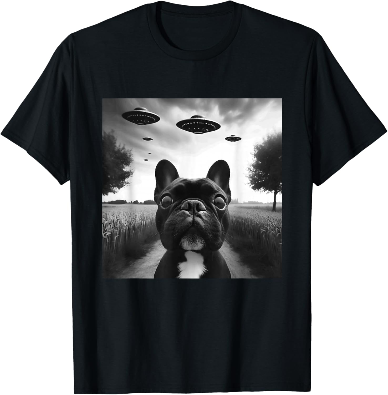 French Bulldog Funny Graphic Selfie with UFOs Weird Aliens T-Shirt - T-Shirt | Black