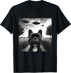 French Bulldog Funny Graphic Selfie with UFOs Weird Aliens T-Shirt - T-Shirt | Black