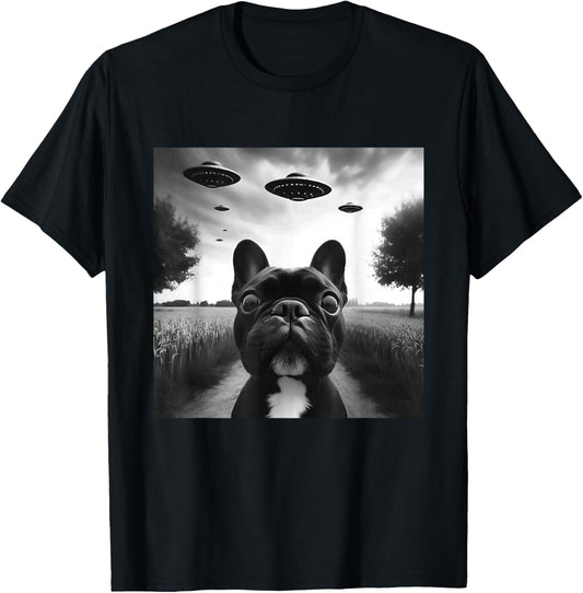 French Bulldog Funny Graphic Selfie with UFOs Weird Aliens T-Shirt - T-Shirt | Black