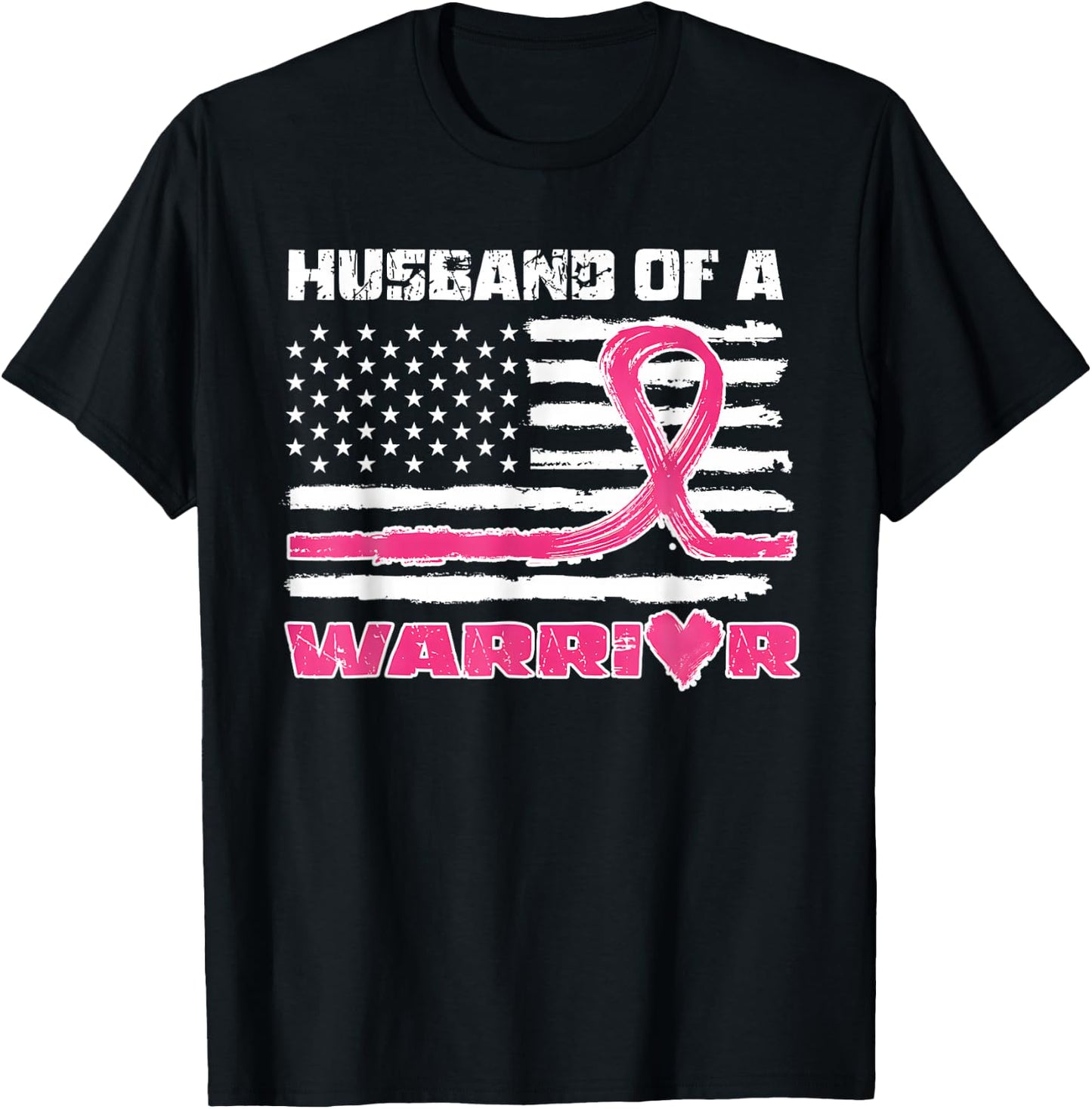 Pink Ribbon American Flag Husband Of A Warrior Breast Cancer T-Shirt - T-Shirt | Black