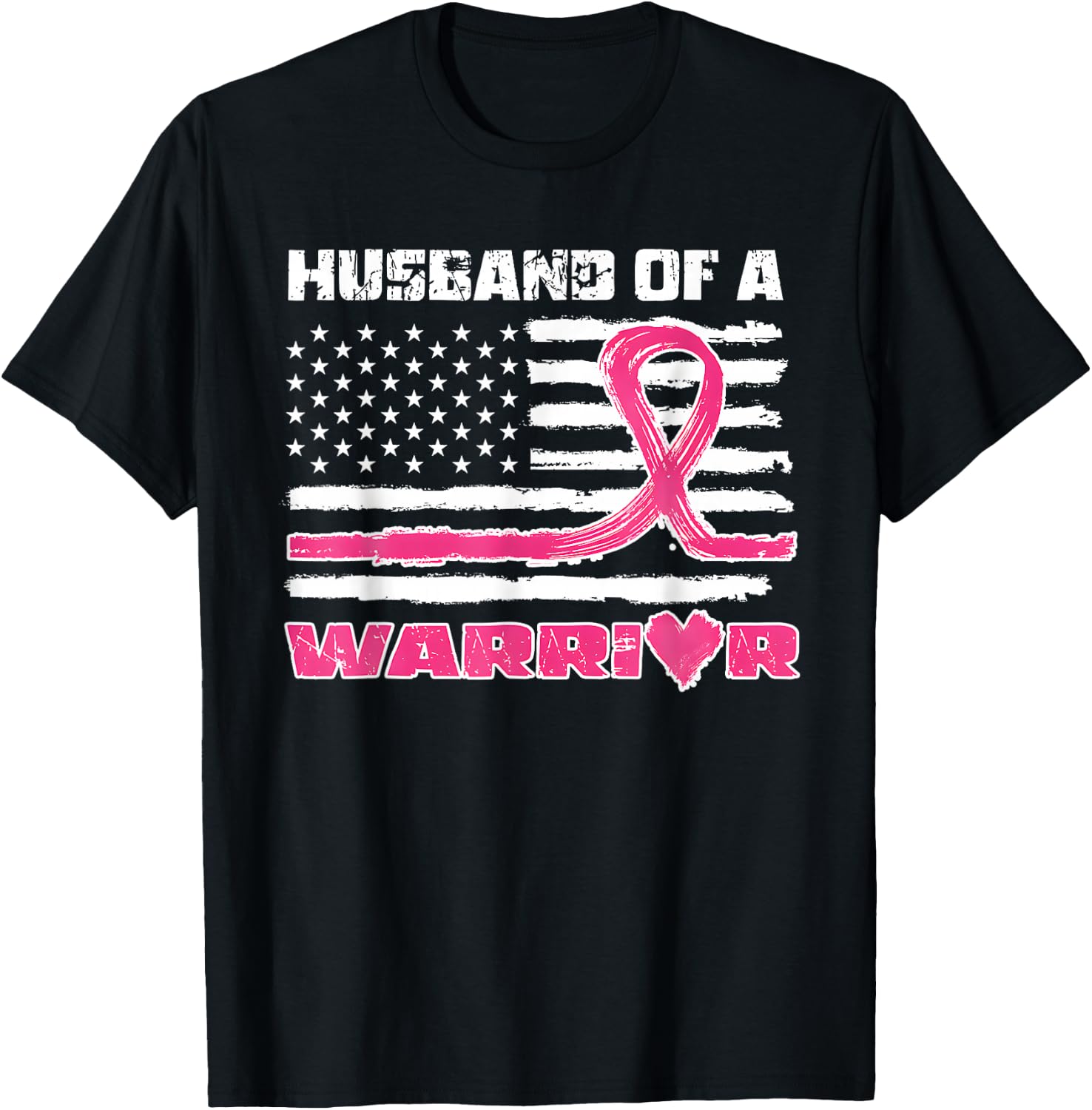 Pink Ribbon American Flag Husband Of A Warrior Breast Cancer T-Shirt - T-Shirt | Black