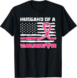Pink Ribbon American Flag Husband Of A Warrior Breast Cancer T-Shirt - T-Shirt | Black