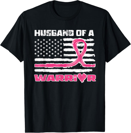 Pink Ribbon American Flag Husband Of A Warrior Breast Cancer T-Shirt - T-Shirt | Black