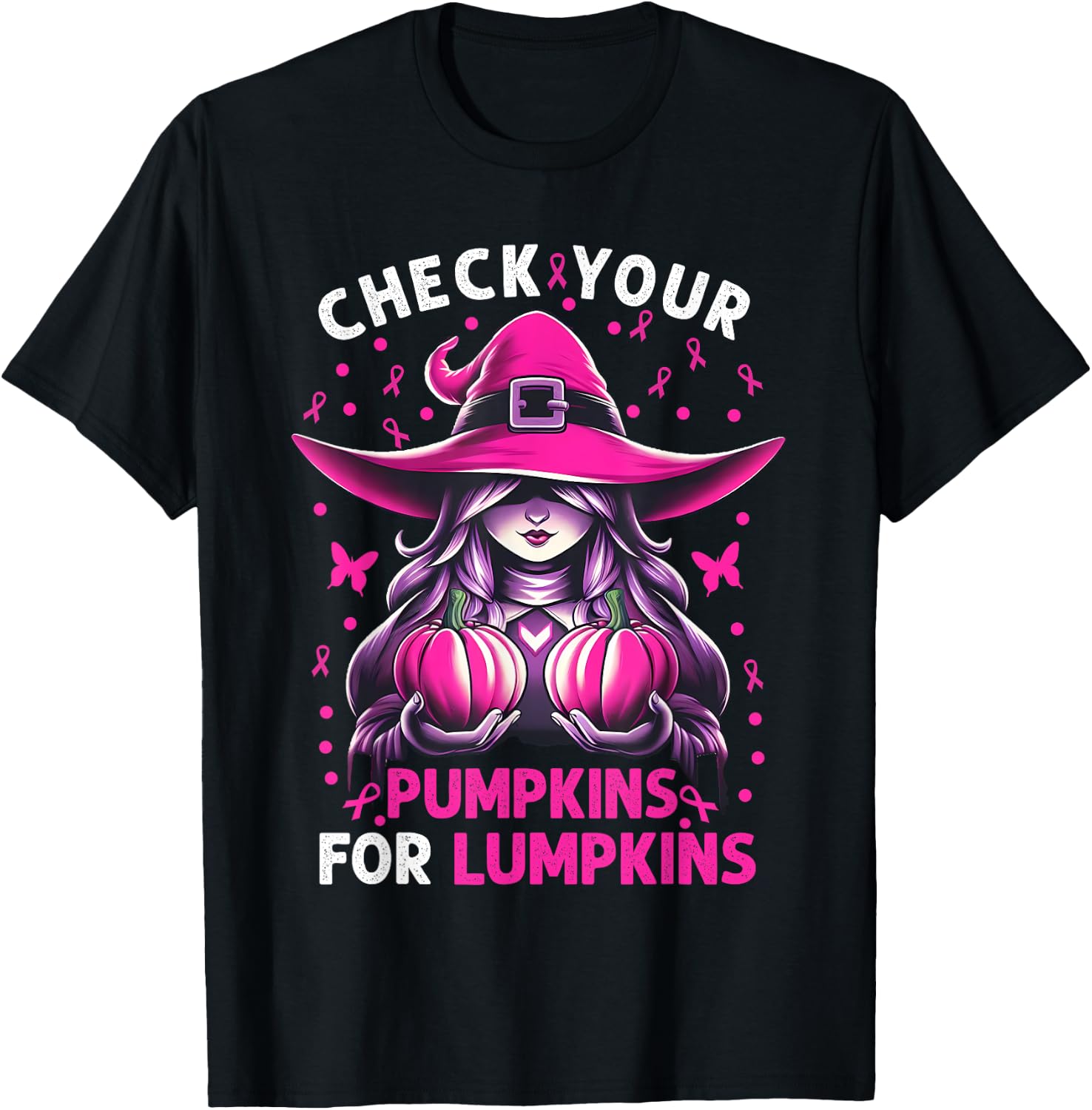 Breast Cancer Witch Check Your Pumpkins For Lumpkins T-Shirt - T-Shirt | Black