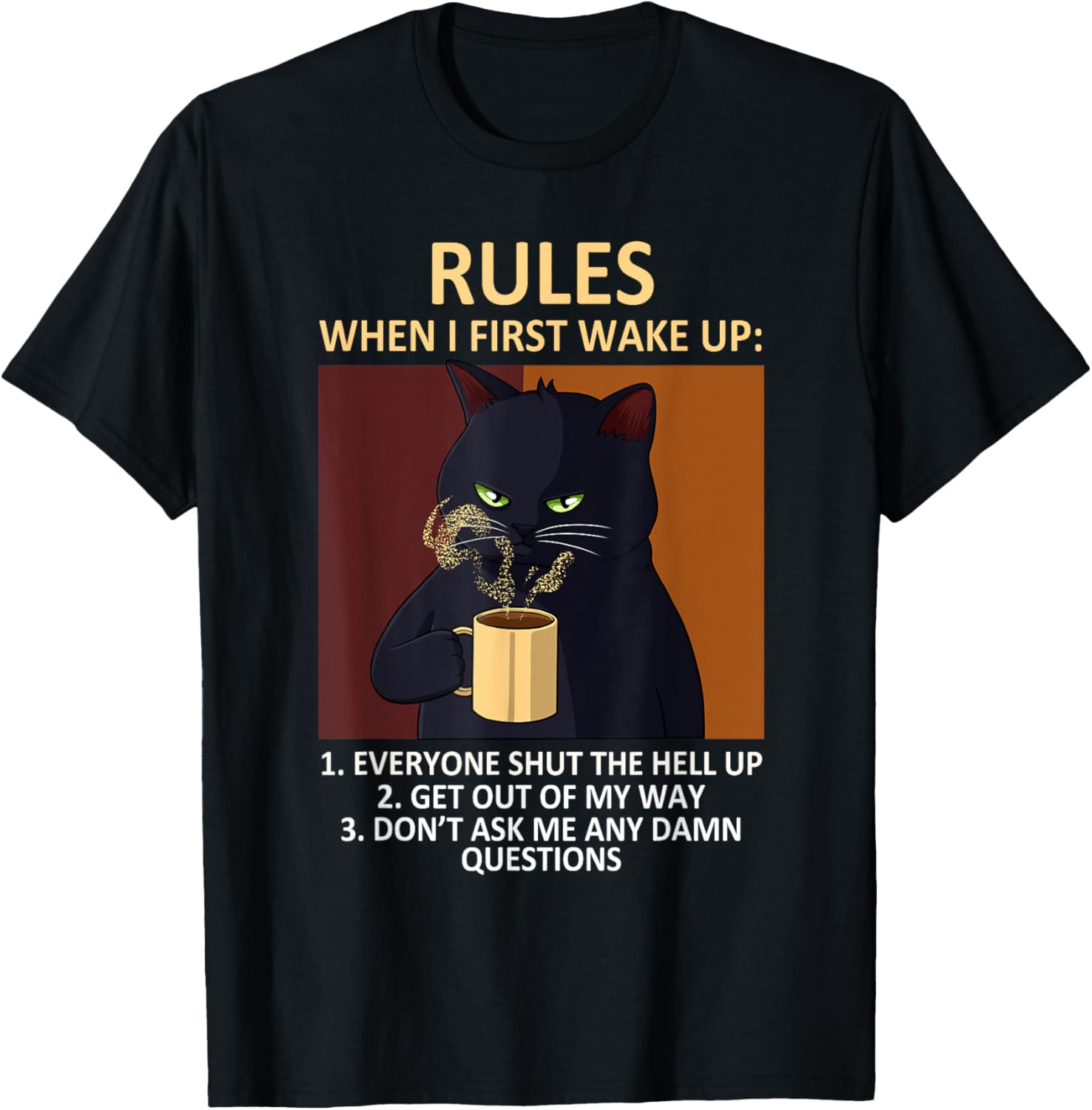 Cat Drinking Coffee Kitten Lover Funny Rules Pet Owner T-Shirt - T-Shirt | Black
