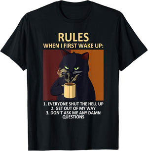 Cat Drinking Coffee Kitten Lover Funny Rules Pet Owner T-Shirt - T-Shirt | Black