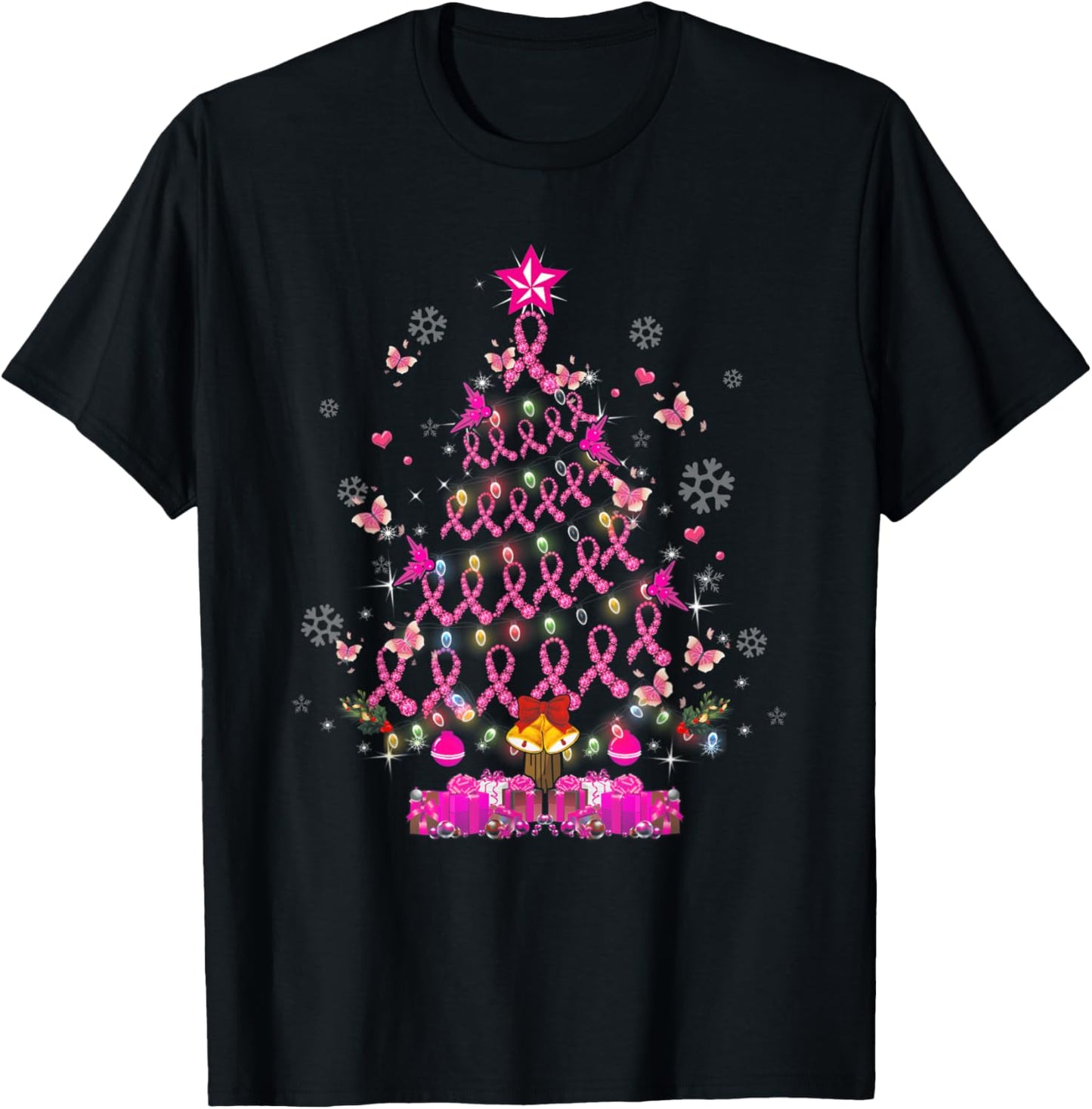 Breast Cancer Awareness Decoration Christmas Tree Snowflakes T-Shirt - T-Shirt | Black