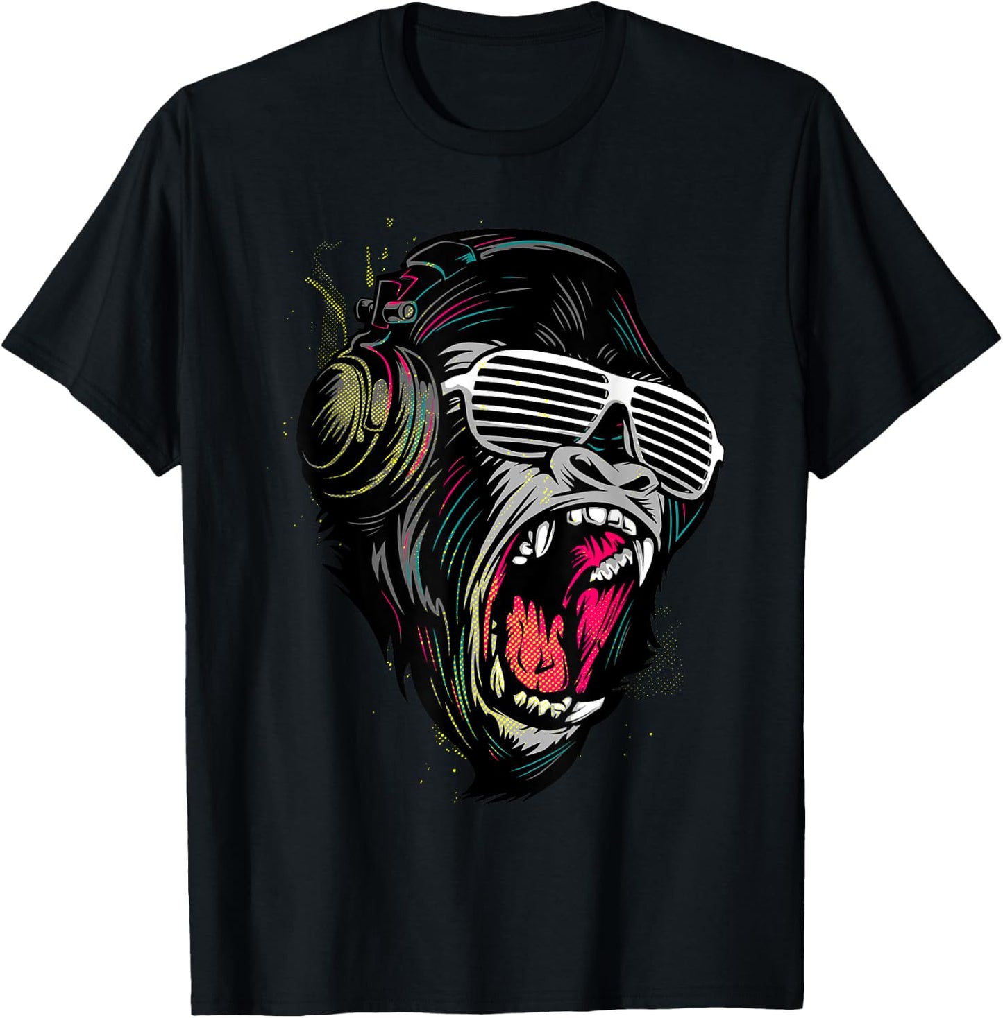 Cool Wild Illustration Monkey Listen To The Music Graphic T-Shirt - T-Shirt | Black