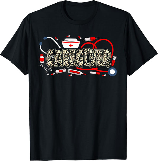 Caregiver Stethoscope Leopard Funny Caregiver Life T-Shirt - T-Shirt | Black