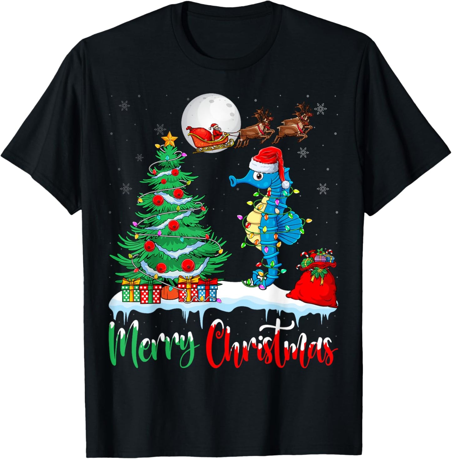 Seahorse Santa Hat Xmas Lights Merry Christmas Seahorse T-Shirt - T-Shirt | Black