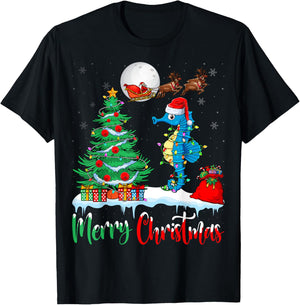Seahorse Santa Hat Xmas Lights Merry Christmas Seahorse T-Shirt - T-Shirt | Black
