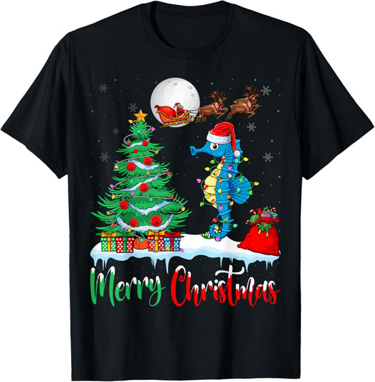 Seahorse Santa Hat Xmas Lights Merry Christmas Seahorse T-Shirt - T-Shirt | Black