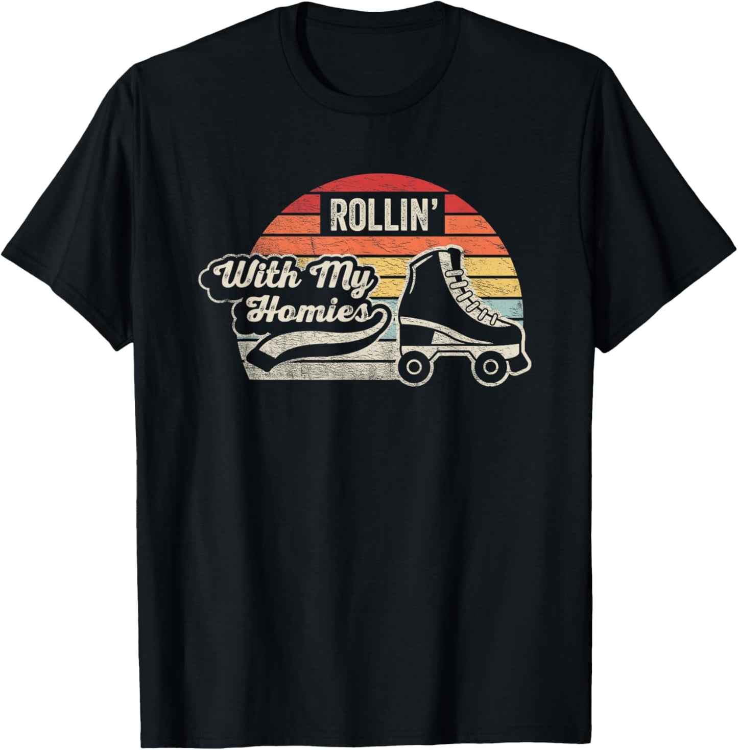 NICE 'N COOL Retro Vintage Rollin With My Homies Roller Skating , Small, Black T-Shirt - T-Shirt | Black