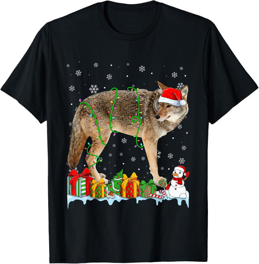 Funny Santa Hat Coyote Christmas Lights Animals Lover T-Shirt - T-Shirt | Black