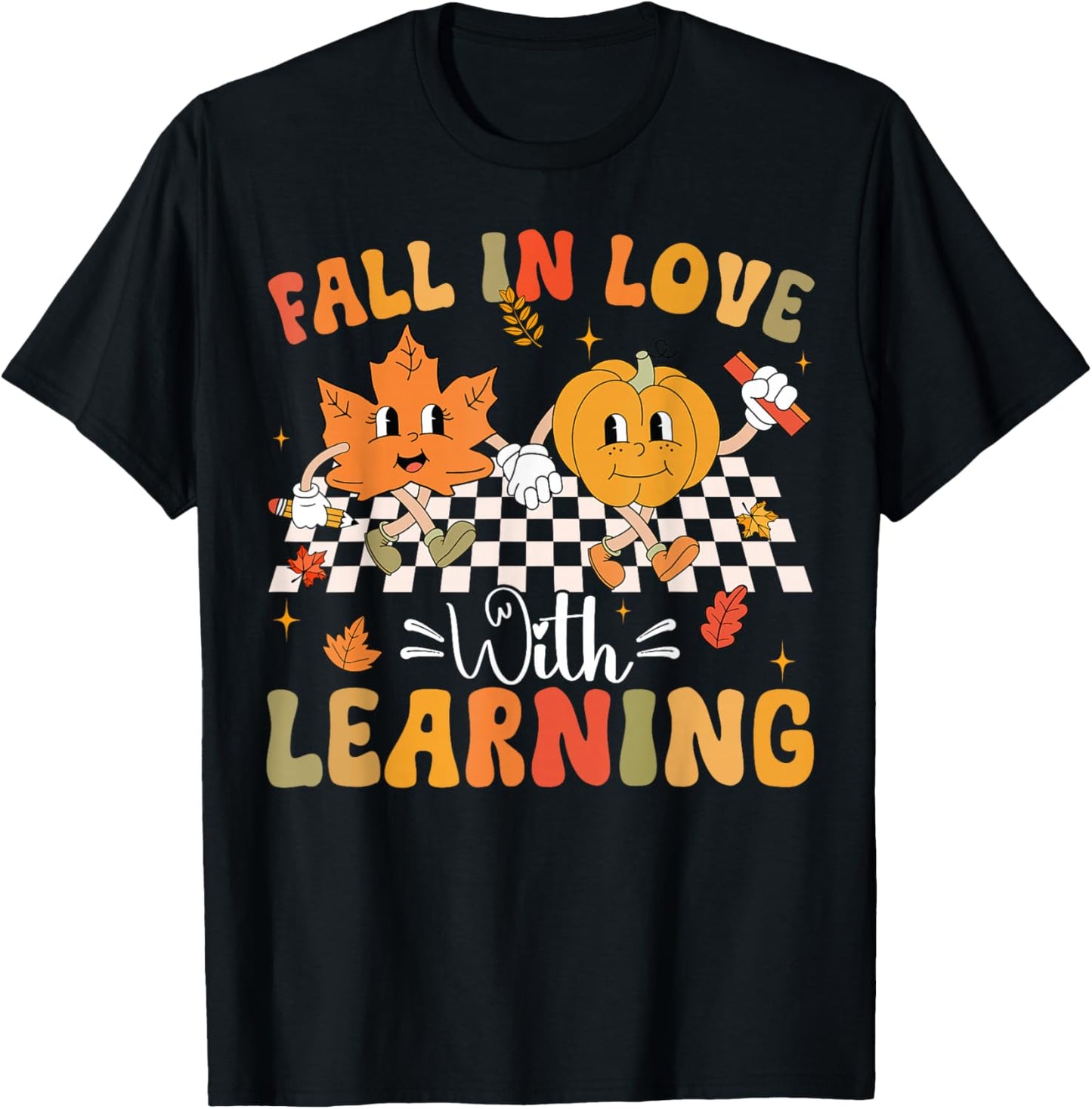 Retro Fall In Love With Learning Autumn Pumpkin Teacher T-Shirt - T-Shirt | Black