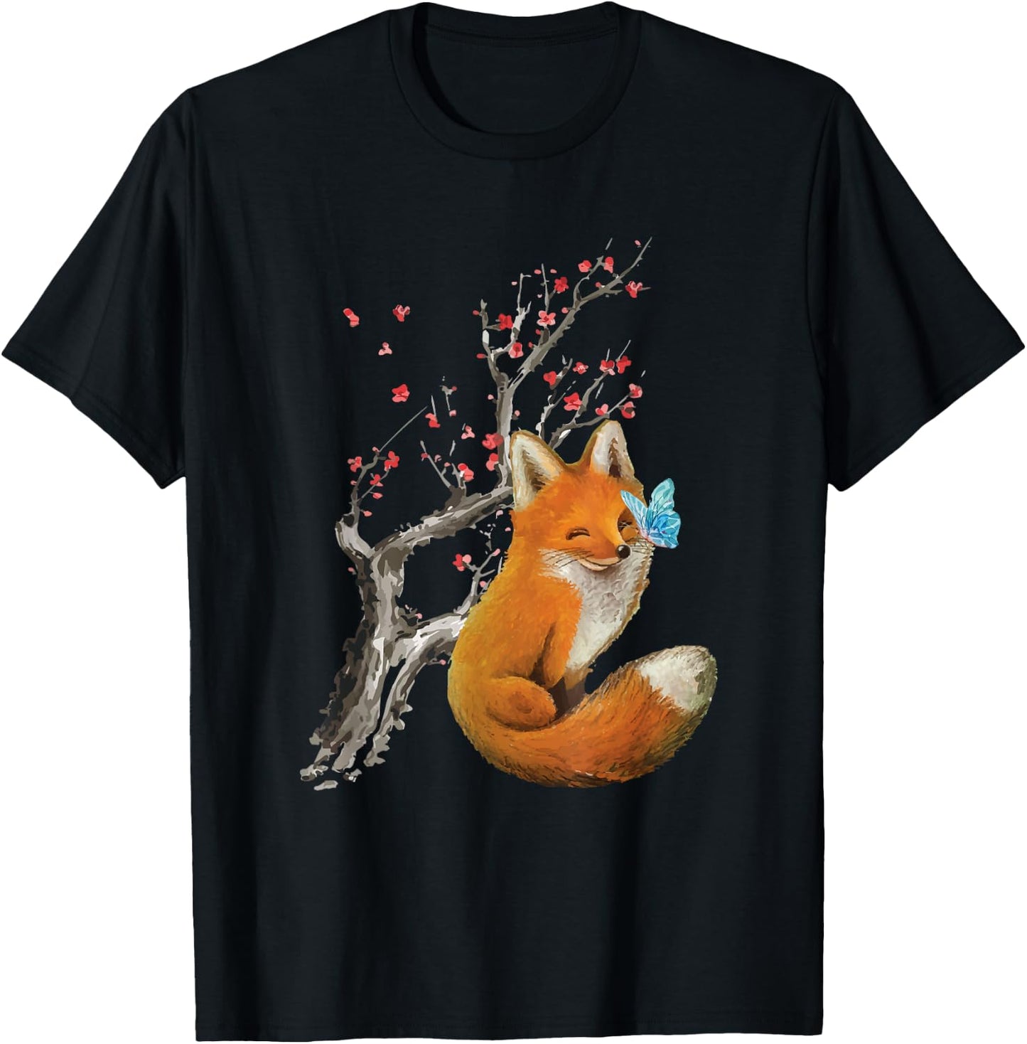 Vintage Fox - Japanese Cherry Blossom - Sakura - Anime Gift T-Shirt - T-Shirt | Black
