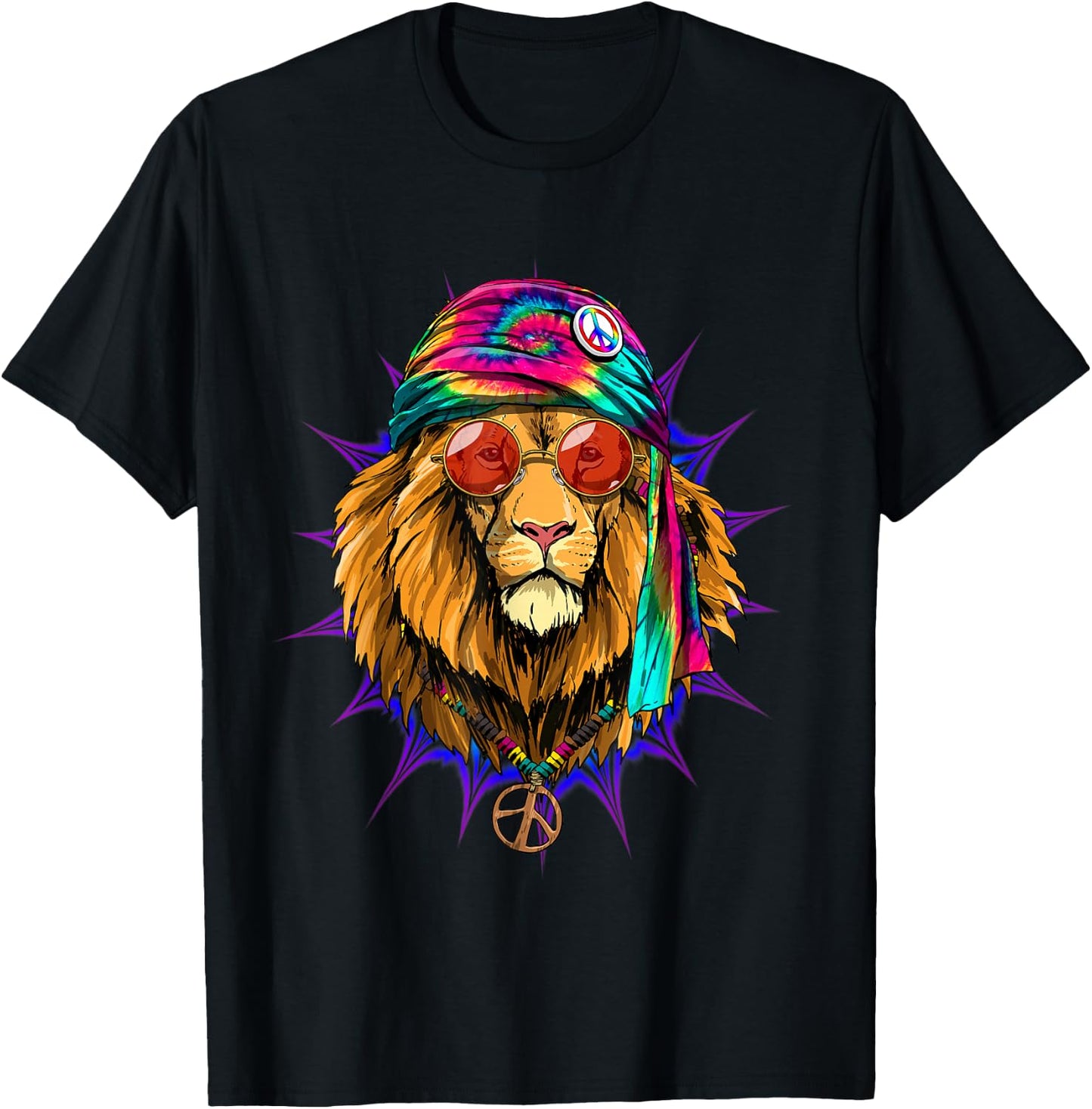 Hippie Lion Tie Dye Peace Sign Psychedelic Animal Lion Lover T-Shirt - T-Shirt | Black