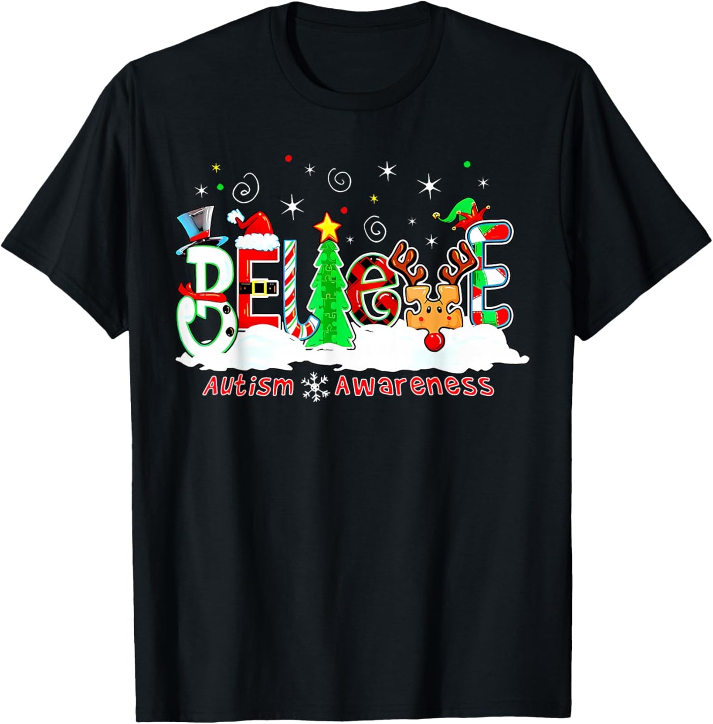Believe Autism Awareness Christmas Tree Light Santa Reindeer T-Shirt - T-Shirt | Black