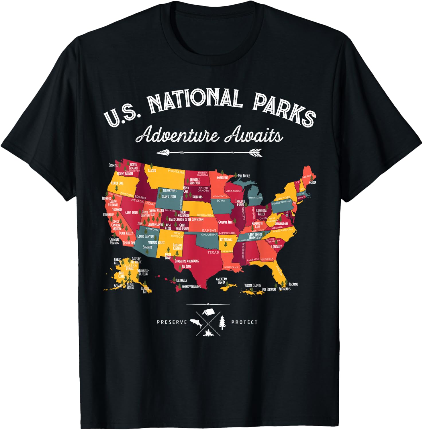 62 National Parks Map Gifts US Park Vintage Camping Hiking T-Shirt - T-Shirt | Black