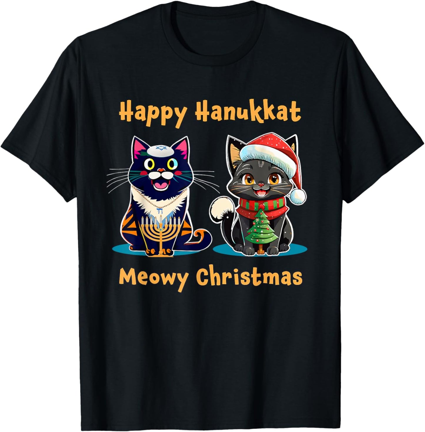 Merry Christmas Happy Hanukkah Jewish Christian Cat Lovers Women Kids T-Shirt - T-Shirt | Black