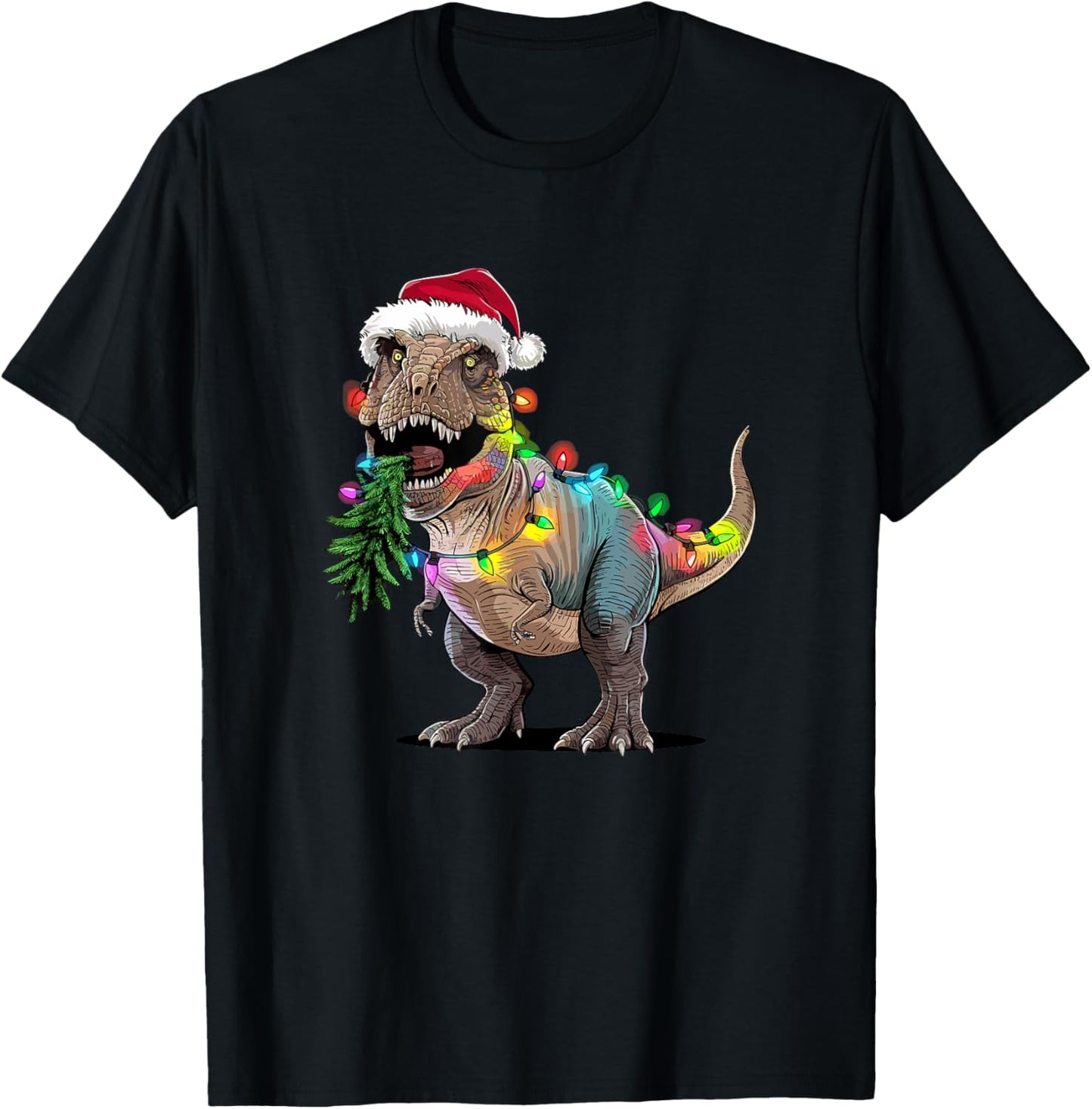 Christmas Tree Lights Santa Hat T-Rex Dinosaur T-Shirt - T-Shirt | Black