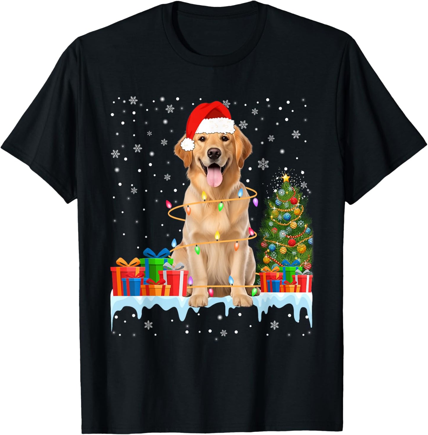 Santa Golden Retriever Dog Christmas Lights Xmas Pajamas Men Women Kids T-Shirt - T-Shirt | Black