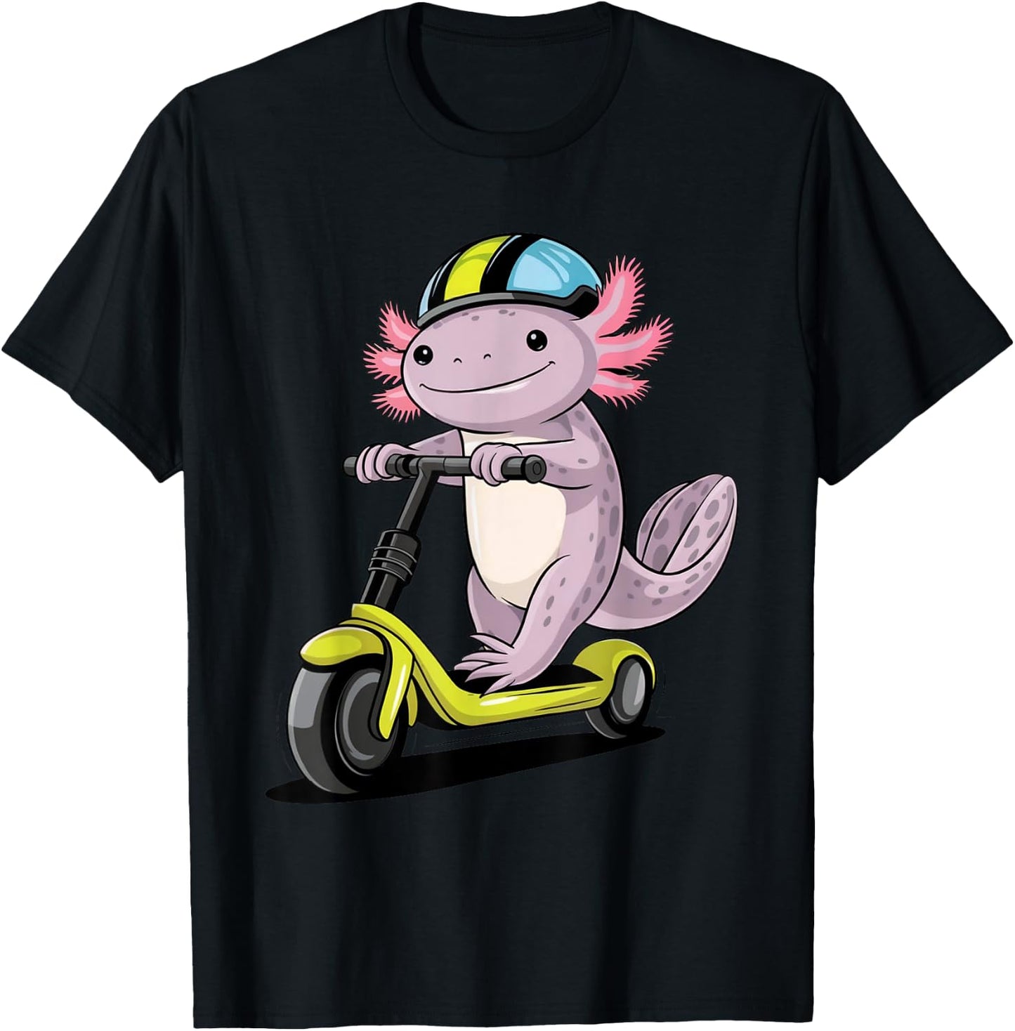 Axolotl Driving Scooter Funny Kawaii Boys Girls Cute Axolotl T-Shirt - T-Shirt | Black