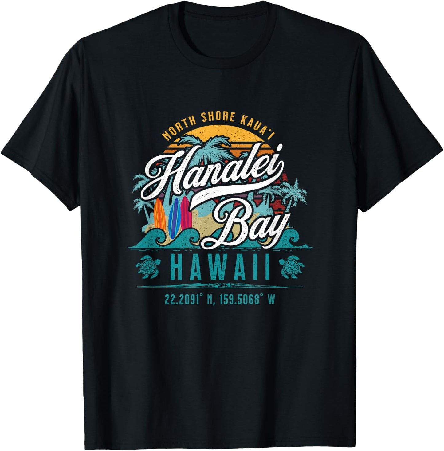 Hanalei Bay North Shore Kauai Hawaii Retro Sun Surf Fishing T-Shirt - T-Shirt | Black