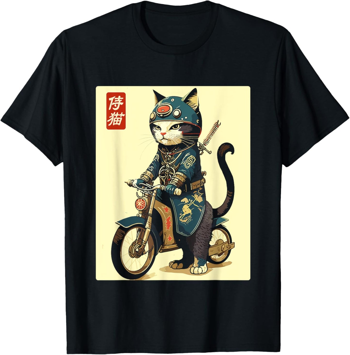 Japanese Samurai Cat on Motorcycle Kawaii Ninja Cat Women Kids T-Shirt - T-Shirt | Black