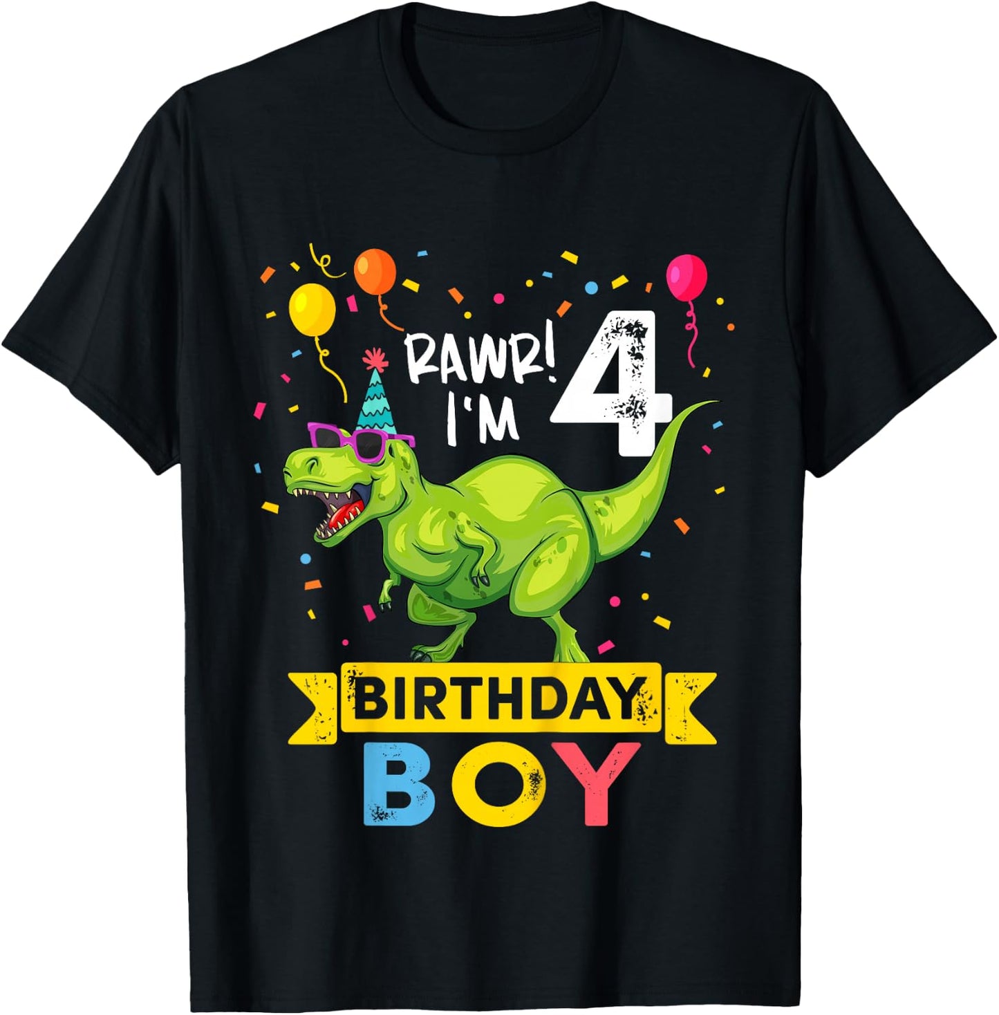 4 Year Old Boy 4th Birthday Boy T Rex Dinosaur T-Shirt - T-Shirt | Black